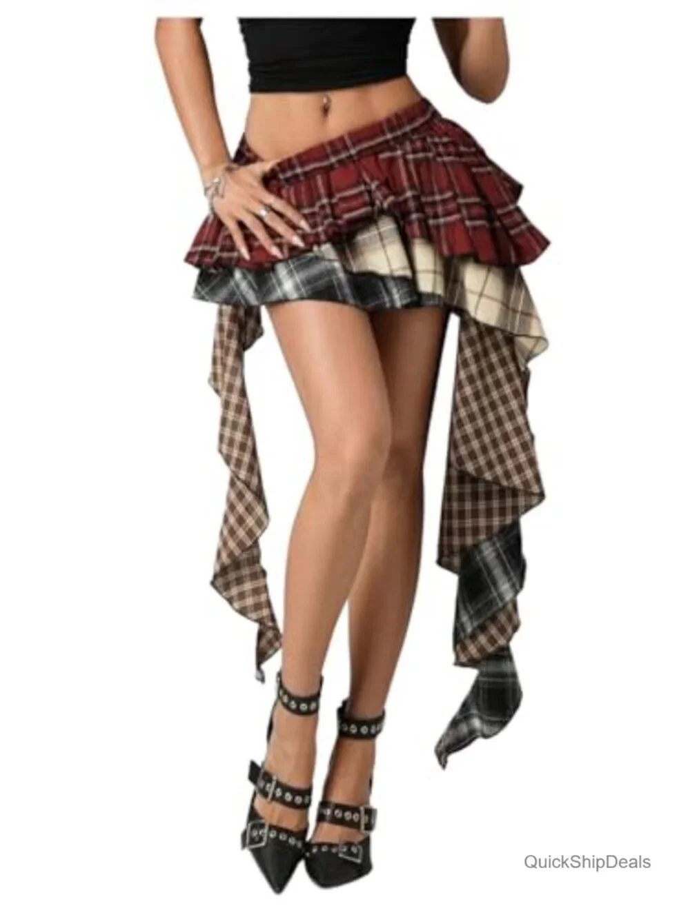 Women's Plaid Ruffle Mini Skirt Y2K Layered Asymmetrical Skorts